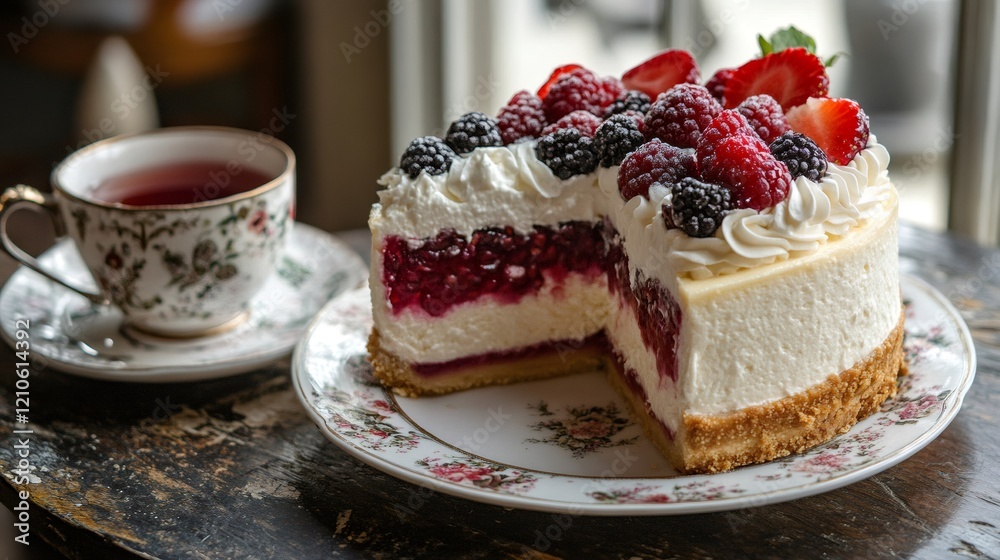 Delicious mixed berry cheesecake with tea on rustic table Delicious mixed berry cheesecake with tea on rustic table