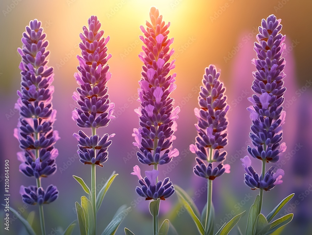 Naklejka premium Four lavender stalks backlit by sunset.