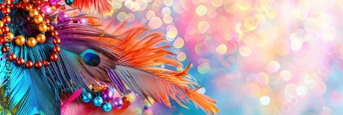 horizontal banner, Mardi Gras, carnival of Venice, bright peacock feathers, multicolored beads, delicate colorful shining blurred background, glitter and radiance, copy space, free space for text photo