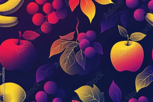 Vibrant abstract pattern showcasing silhouettes of fruits in gradient hues on a dark gray background