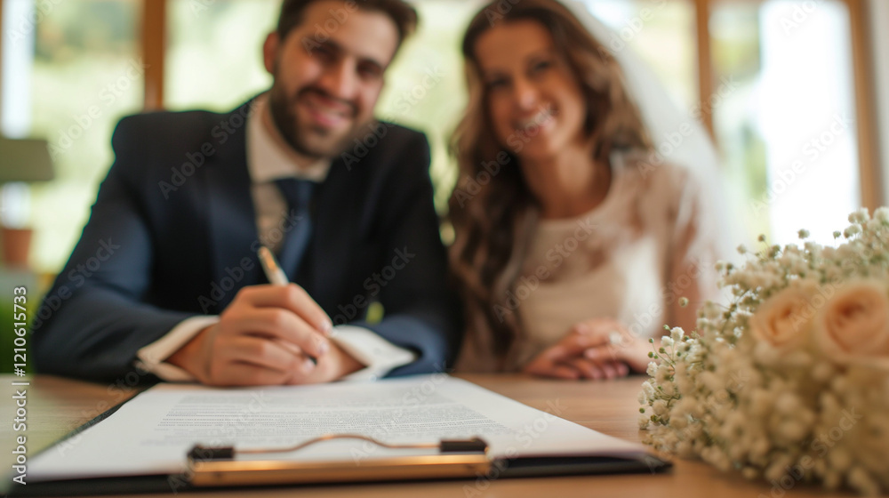 Fototapeta premium Couple signing a marriage of convenience document at a table.