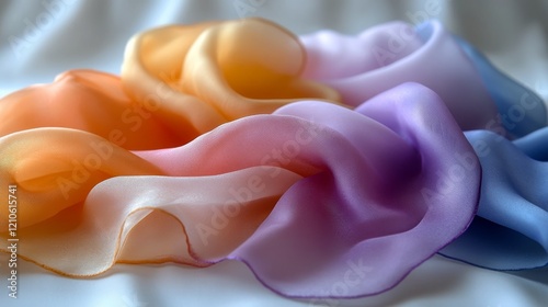 Colorful satin ribbons arranged beautifully in soft folds on a neutral backgr...