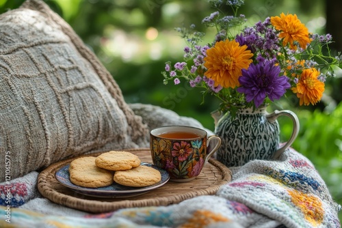 Enjoying tea and cookies with a flower bouquet in a peaceful garden setting