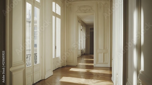 Sunlit Parisian Hallway Elegant White Walls Wooden Floor photo