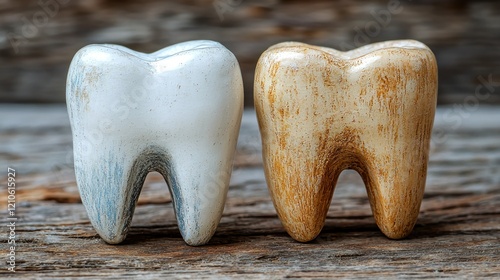 Healthy vs. stained teeth models on wood