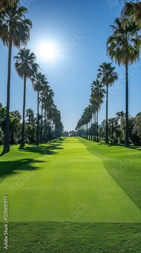 Palm trees lining a scenic golf course at sunset in a tranquil landscape