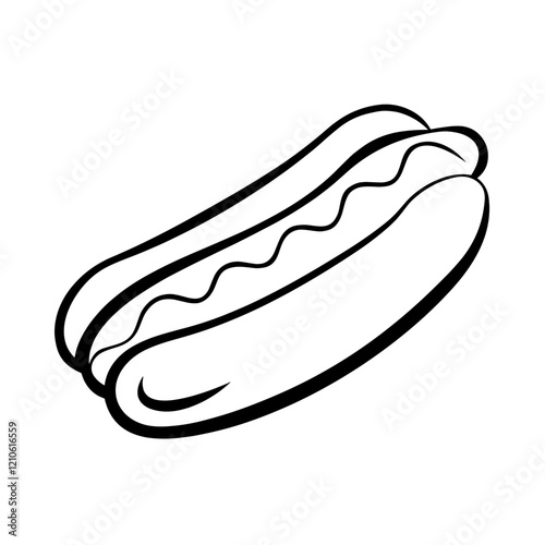 Hot dog illustration in black and white on a plain background