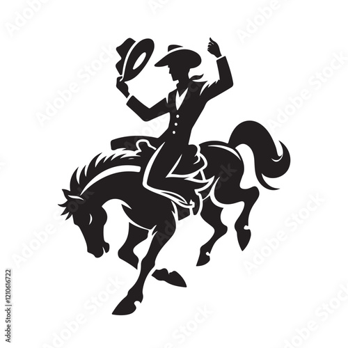 Dynamic black-and-white silhouette of a cowboy riding a bucking horse, showcasing rodeo action, western culture, and equestrian skills in a bold and artistic style.