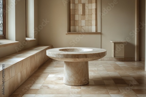 Modern round marble table showcased in minimalist living room setting with na...
