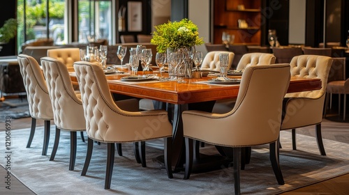 Elegant dining setup in a modern restaurant with plush chairs and stylish decor