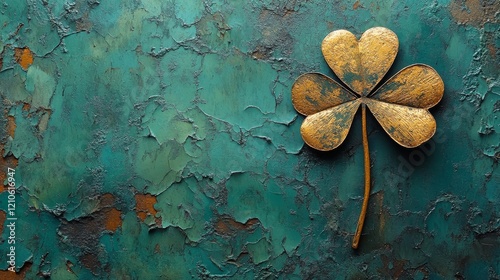 Decorative gold four-leaf clover plaque on an aged turquoise wall with peelin...