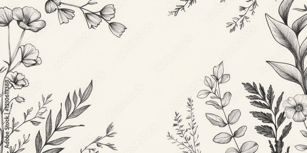 Fototapeta premium Black and white botanical illustration of leaves on a gray background.