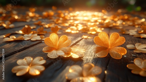 Golden flowers scattered on wooden surface reflecting warm sunlight at sunset