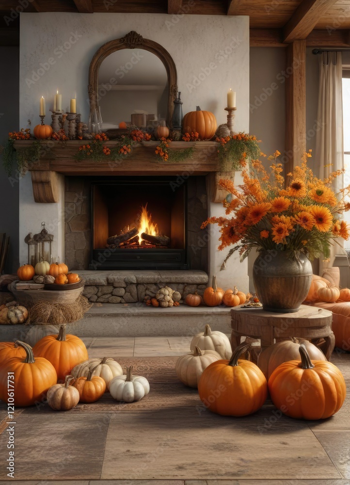 Obraz premium A warm and inviting living room with a large fireplace, decorated with seasonal items like pumpkins and cornucopias, seasonal decorations, fall decor, warmth