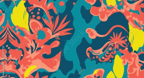 Wallpaper Mural Abstract Floral Pattern:  A vibrant and captivating abstract floral pattern bursts with bold colors and organic shapes. This intricate design features swirls of  coral, turquoise, and sunshine yellow. Torontodigital.ca