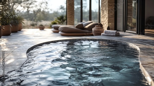 Relaxation by the sparkling pool surrounded by lush greenery in a tropical re...