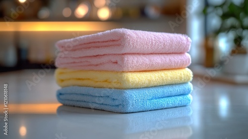 Soft and colorful kitchen towels stacked on a countertop in a bright kitchen