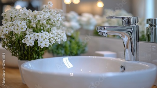 Elegant bathroom sink with modern fixtures and fresh floral arrangements