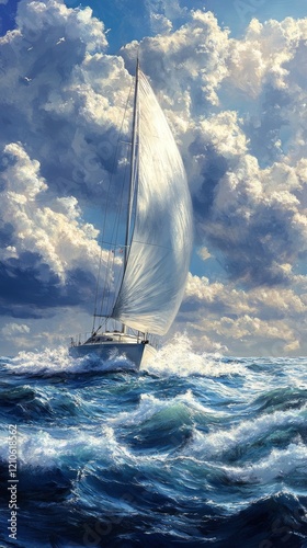 Sailing on a vibrant ocean with white sails under a bright blue sky and drama...