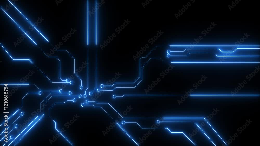 Futuristic neon circuit board animation. abstract technology circuit board background with neon lines seamless looping. Futuristic glowing AI chip design with neon circuits