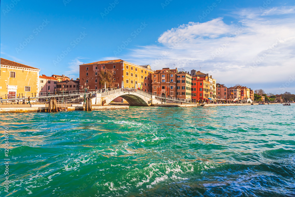 Venice. View of the Grand Canal, Bridge and Ancient Buildings. Boat Trip