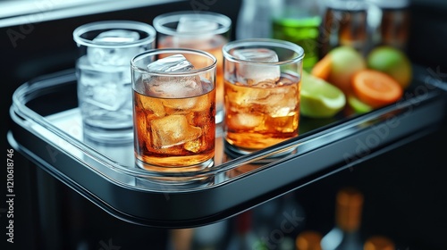 Elegant bar cart featuring assorted spirits and glassware in a stylish indoor...