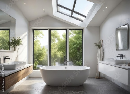 A white sink and matching tub combo is situated under a skylight or large window that lets in plenty of daylight, skylight, bright, combo