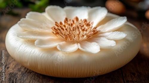 Beautiful handcrafted soap shaped like a delicate flower on a rustic wooden s...