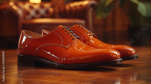 Elegant orange dress shoes displayed on polished wooden floor in stylish inte...