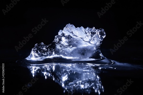 A piece of ice is melting in the dark, with the surrounding environment unclear