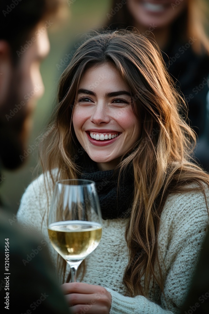 Smiling Woman Enjoying Outdoor Wine Tasting with Friends in Relaxed Setting Smiling Woman Enjoying Outdoor Wine Tasting with Friends in Relaxed Setting