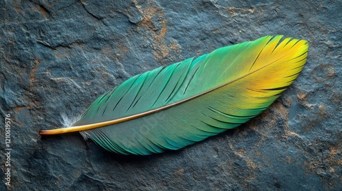 Brightly colored feather with reflections on a dark background showcasing nat...