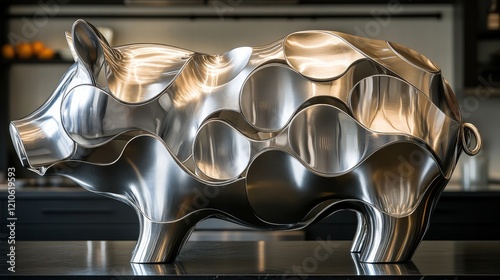 Modern metallic pig sculpture showcased in contemporary kitchen setting