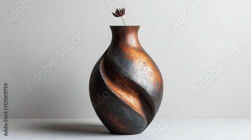 Stylish metallic vase with flowers in modern interior setting