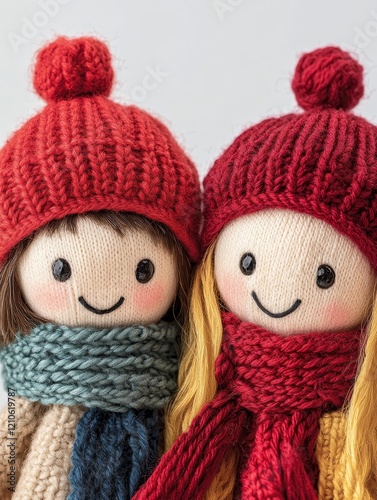 Two Knitted Dolls in Winter Hats and Scarves - Adorable handmade dolls, wearing cozy knitted hats and scarves, symbolizing warmth, friendship, childhood, handmade crafts, and winter holidays. photo