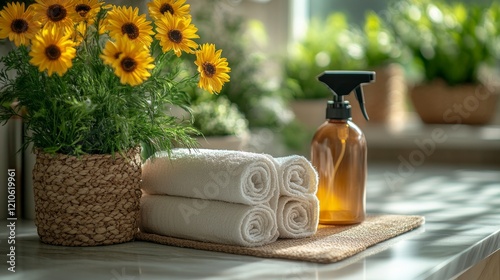 Fresh towels and sunflowers on a countertop in a serene indoor space