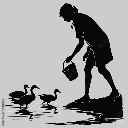 an woman feeding ducks silhouette vector design art and illustration