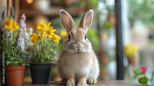 Cute rabbit resting on a wooden shelf in a cozy home with a view of greenery ...