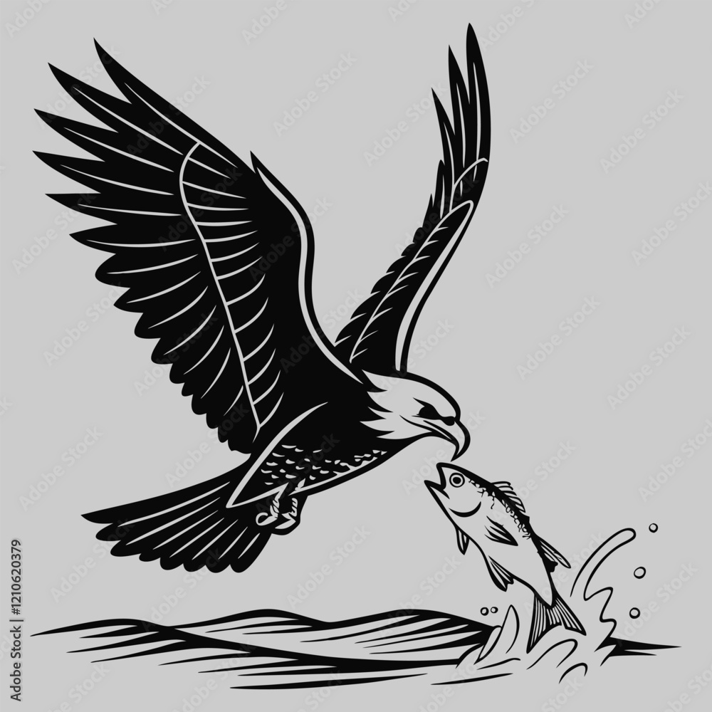 Fototapeta premium bird catching a fish silhouette vector design art and illustration