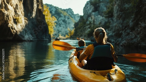 A family is enjoying a relaxing kayak trip during their vacation.