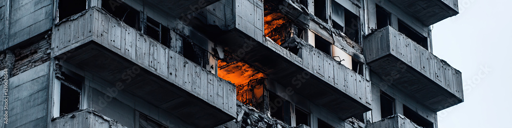 Fototapeta premium Damaged Concrete Building with Interior Illumination