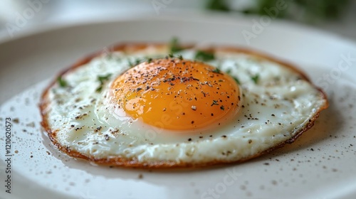 Perfectly cooked fried egg with a golden yolk served on a neutral plate