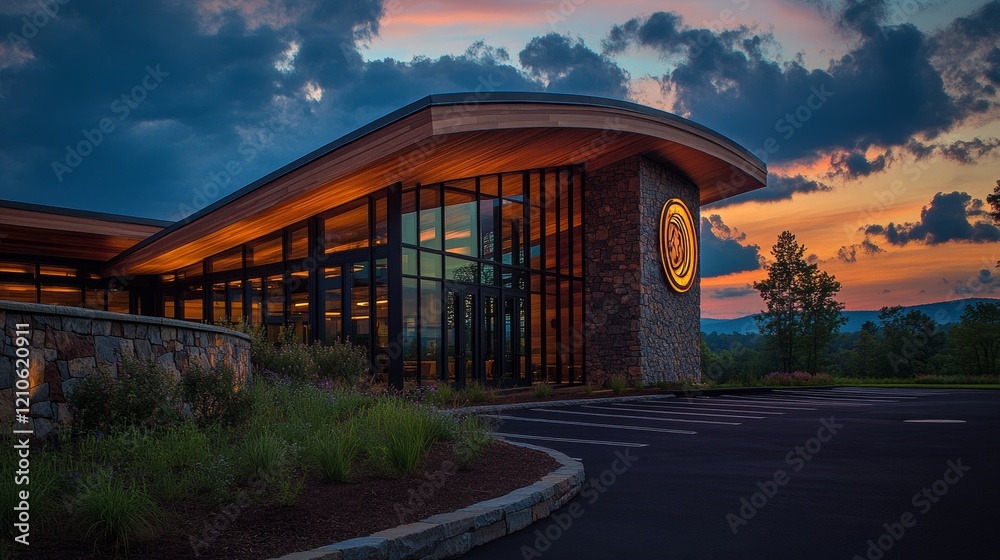 This modern luxury residence boasts expansive windows, a stone exterior, and beautifully landscaped grounds This modern luxury residence boasts expansive windows, a stone exterior, and beautifully landscaped grounds