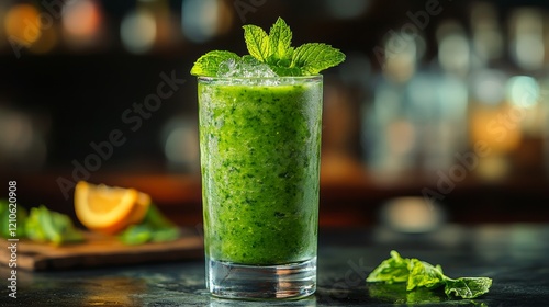 Refreshing green cocktail with mint and citrus served in a clear glass with ice