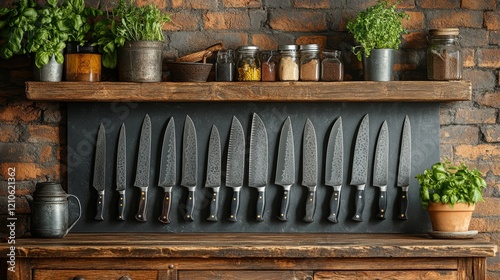 Set of professional kitchen knives displayed on a dark wooden shelf with fres...