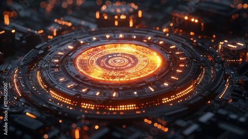 Wallpaper Mural High-tech circular system, glowing circuitry, futuristic city backdrop Torontodigital.ca