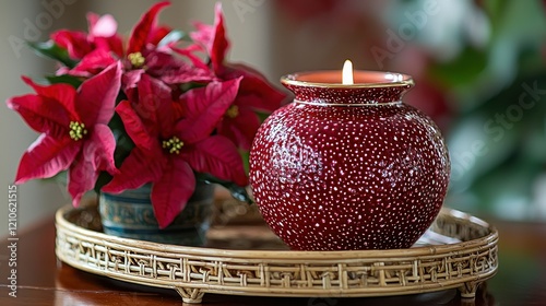 Holiday candle, poinsettia, decorative tray, festive ambiance photo