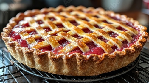 Freshly baked cherry pie cooling on a wire rack in a kitchen setting