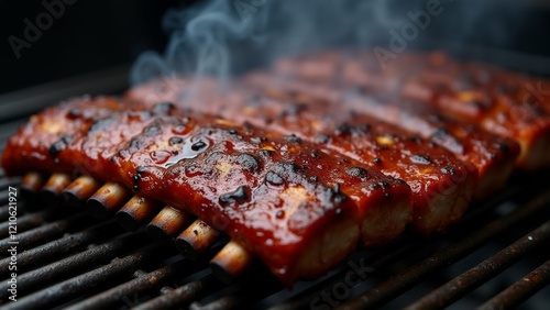 The image shows a close-up of a barbeque grill with several pieces of meat cooking on it. The meat appears to be pork ribs, with a reddish-brown color and a glossy texture. photo