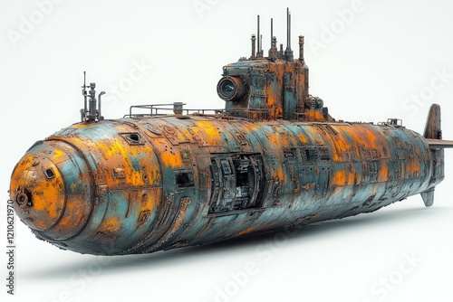 A detailed model of a submarine sitting on a white surface, ideal for illustrations and designs photo